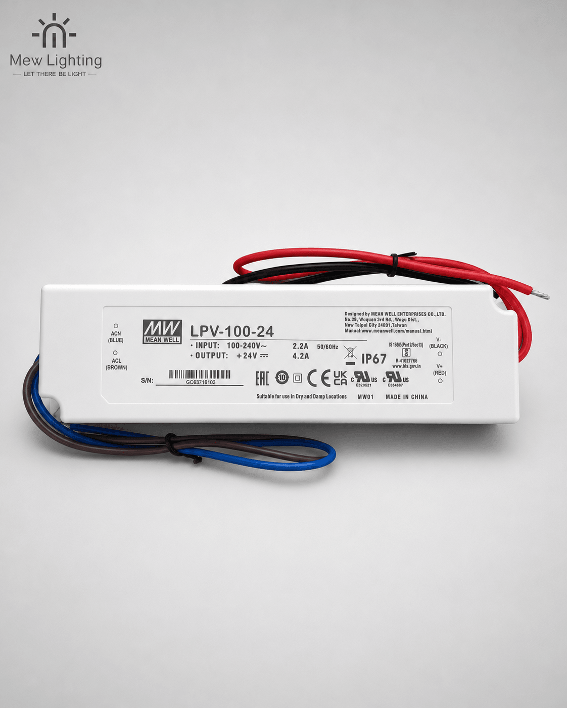 MEAN WELL LPV-100-24 IP67 24V 100W Constant Voltage LED Driver - MEW Lighting