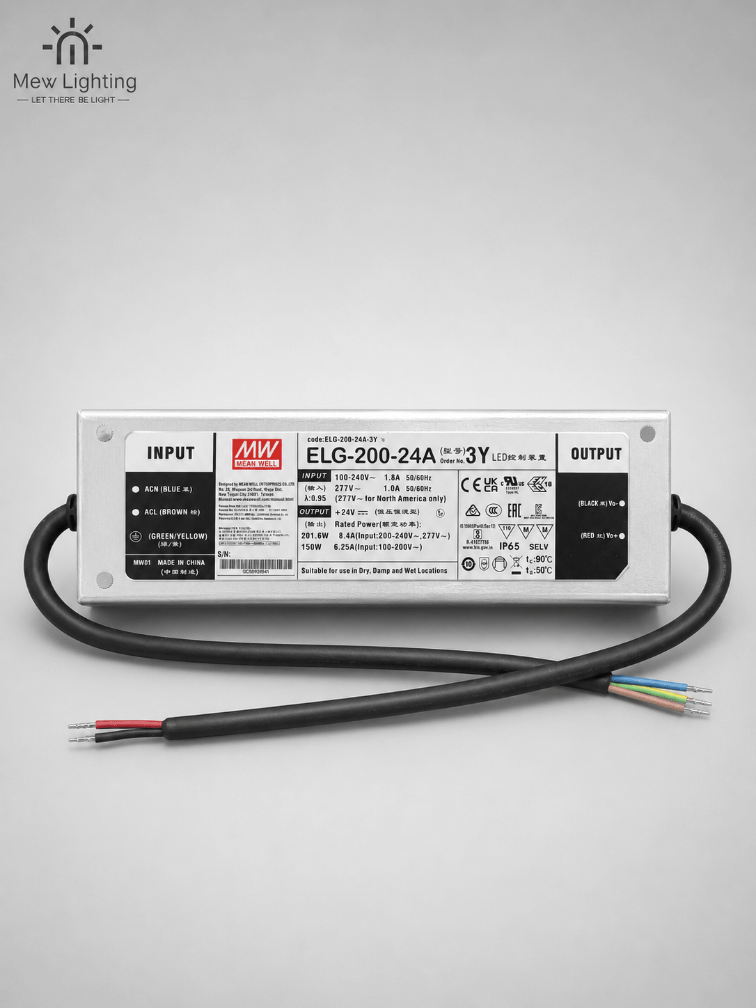 MEAN WELL ELG-200-24A IP65 200W 24V 8.4A Constant Voltage LED Driver - MEW Lighting
