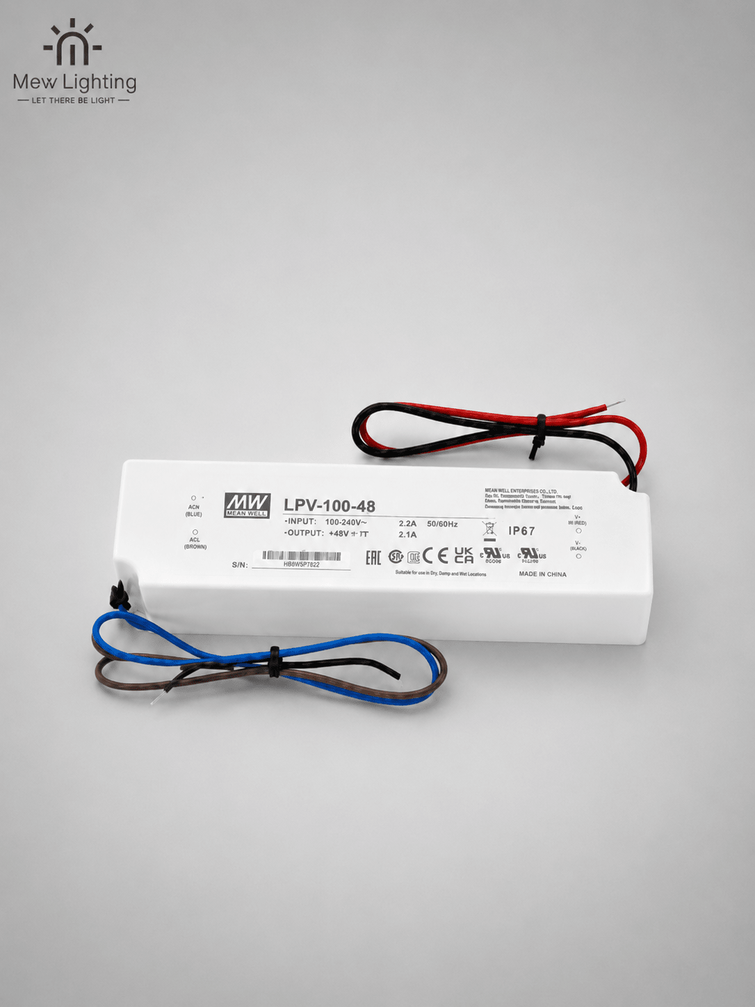MEAN WELL LPV-100-48 IP67 100W 48V 2.1A Constant Voltage LED Driver - MEW Lighting